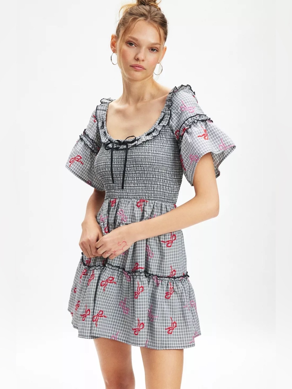 Urban Outfitters Gingham Smocked Puff Sleeve Coquette Tiered Mini Dress Large